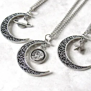 Antique Silver Crescent Moon Charm Necklace