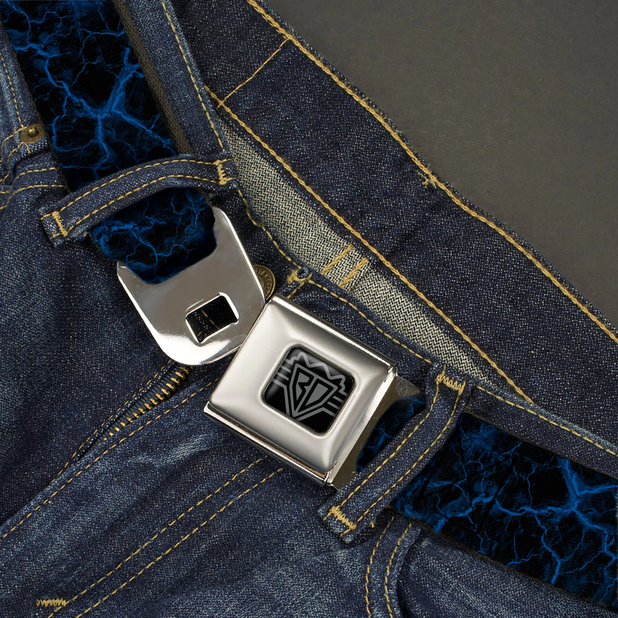 BD Wings Logo CLOSE-UP Black/Silver Seatbelt Belt - Marble Black/Blue Webbing