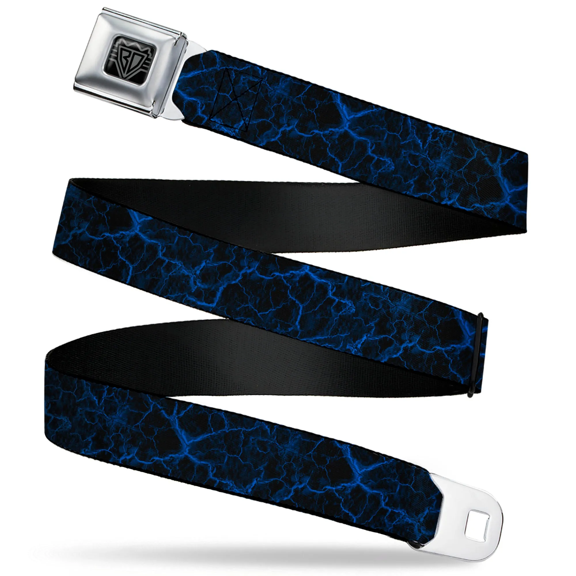 BD Wings Logo CLOSE-UP Black/Silver Seatbelt Belt - Marble Black/Blue Webbing