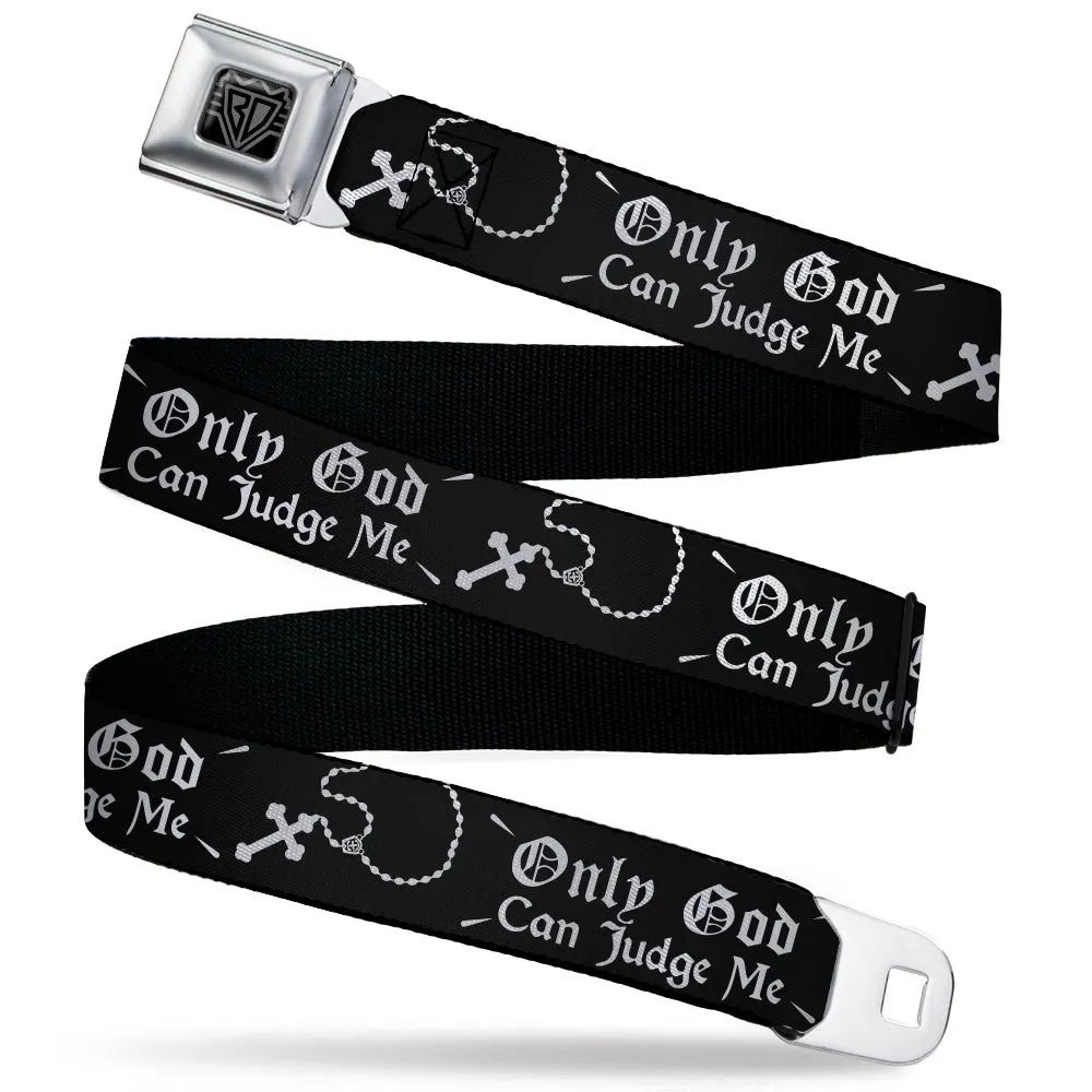 BD Wings Logo CLOSE-UP Black/Silver Seatbelt Belt - ONLY GOD CAN JUDGE ME Old English/Rosary Black/White Webbing