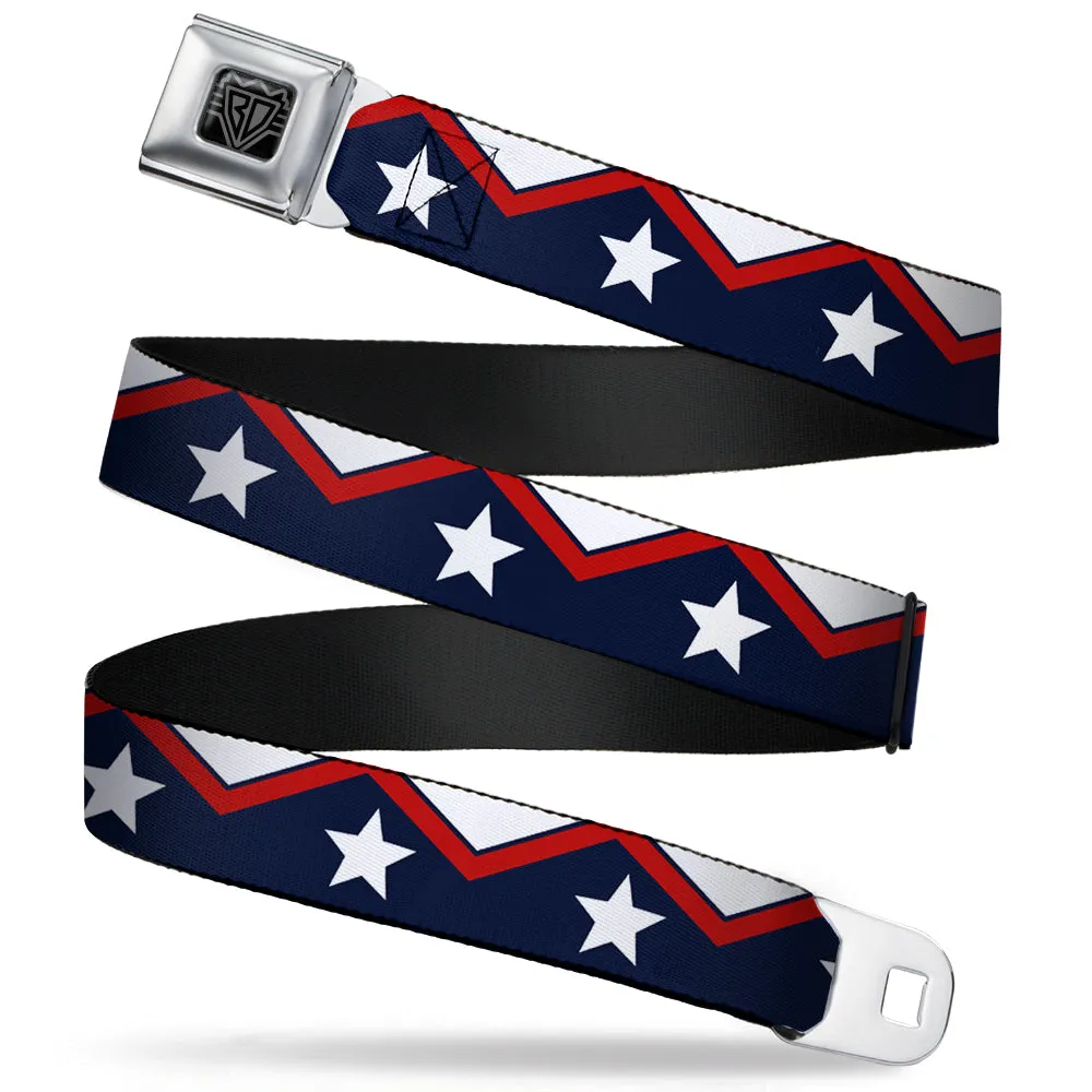 BD Wings Logo CLOSE-UP Full Color Black Silver Seatbelt Belt - American Chevron & Stripes White/Red/Blue Webbing