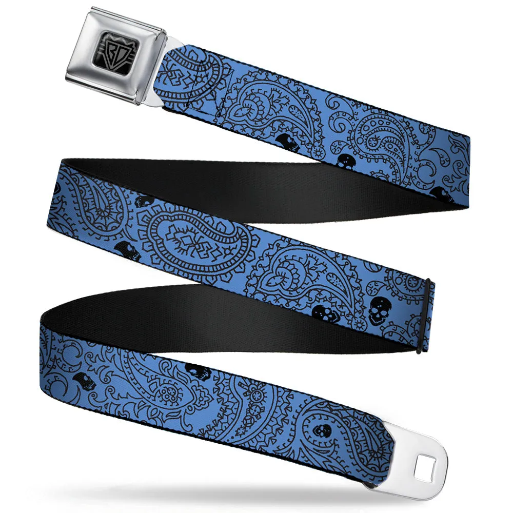 BD Wings Logo CLOSE-UP Full Color Black Silver Seatbelt Belt - Bandana/Skulls Baby Blue/Black Webbing