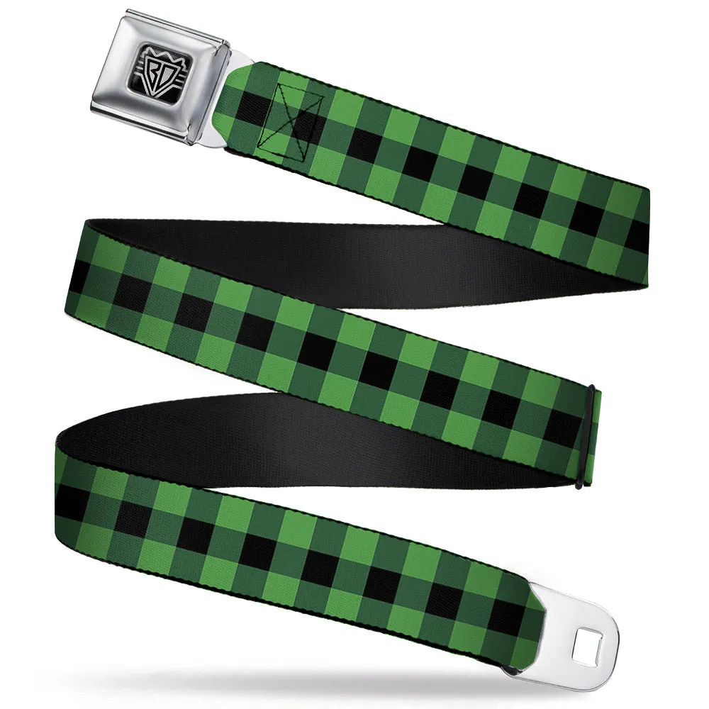 BD Wings Logo CLOSE-UP Full Color Black Silver Seatbelt Belt - Buffalo Plaid Black/Neon Green Webbing