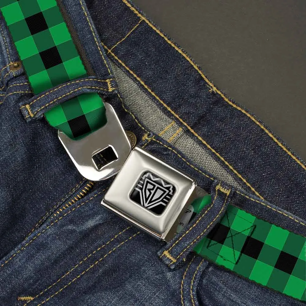 BD Wings Logo CLOSE-UP Full Color Black Silver Seatbelt Belt - Buffalo Plaid Black/Neon Green Webbing