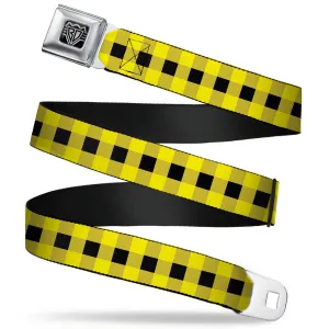 BD Wings Logo CLOSE-UP Full Color Black Silver Seatbelt Belt - Buffalo Plaid Black/Neon Yellow Webbing