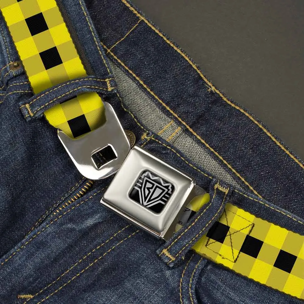 BD Wings Logo CLOSE-UP Full Color Black Silver Seatbelt Belt - Buffalo Plaid Black/Neon Yellow Webbing