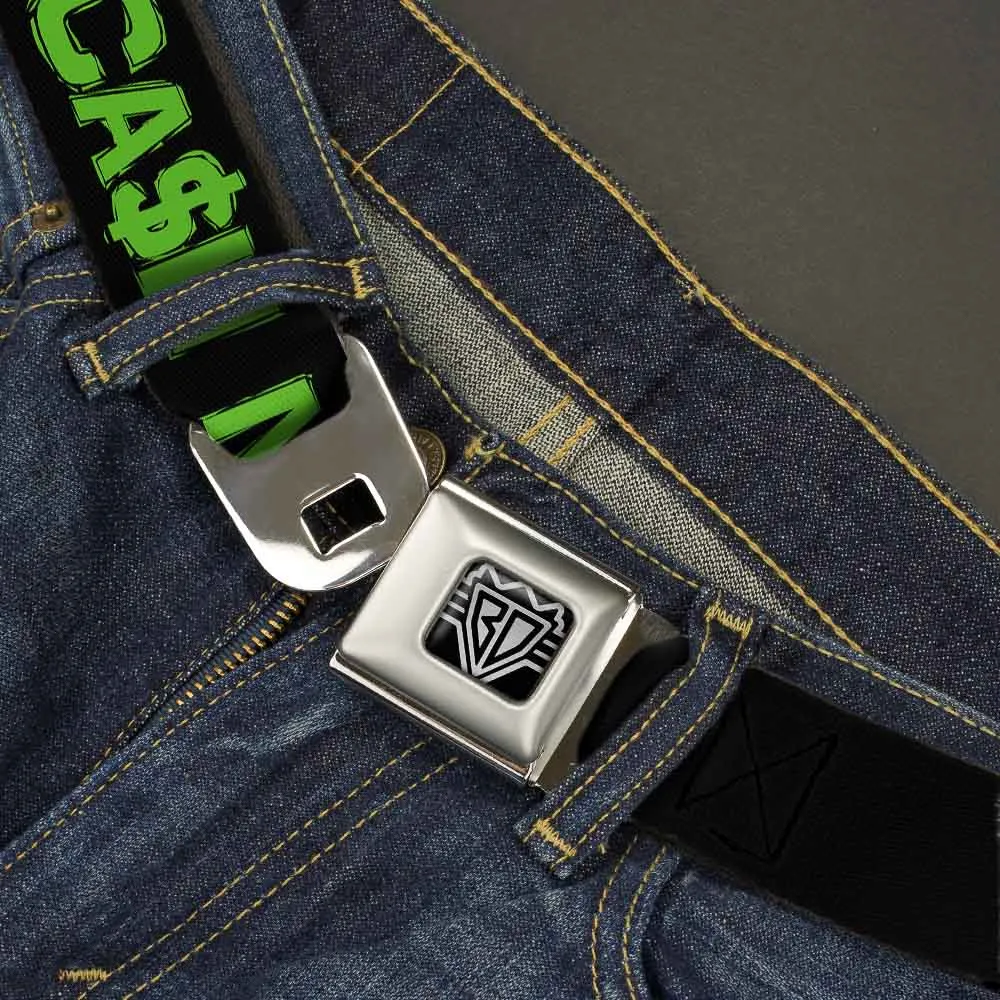 BD Wings Logo CLOSE-UP Full Color Black Silver Seatbelt Belt - CA$H MONEY Black/Green Webbing