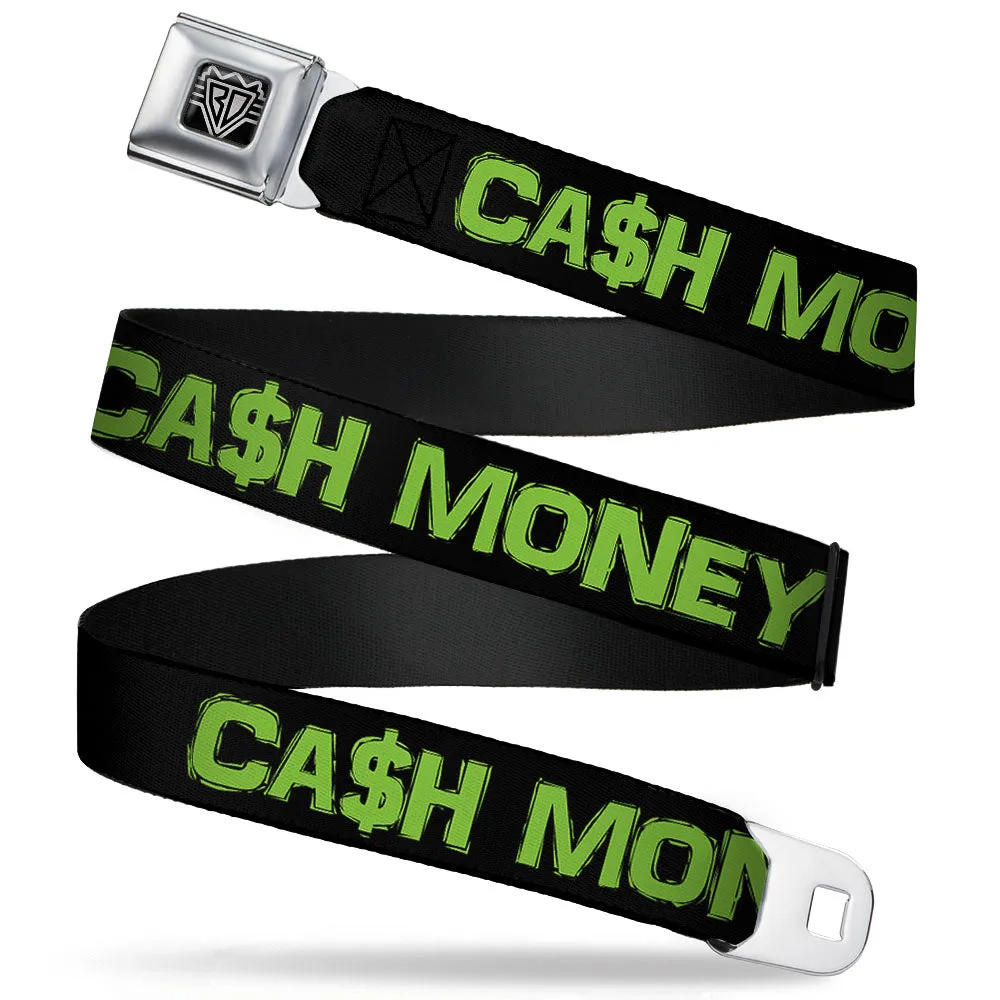 BD Wings Logo CLOSE-UP Full Color Black Silver Seatbelt Belt - CA$H MONEY Black/Green Webbing