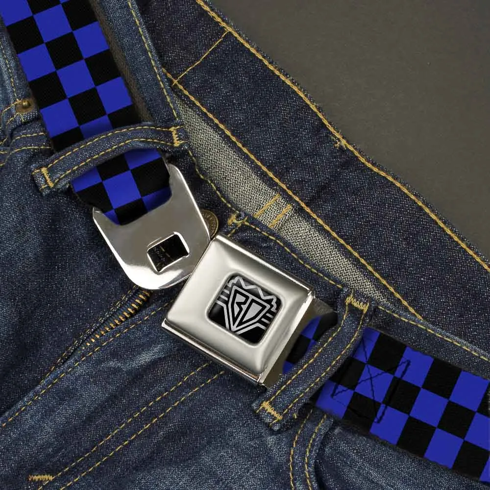 BD Wings Logo CLOSE-UP Full Color Black Silver Seatbelt Belt - Checker Black/Neon Blue Webbing