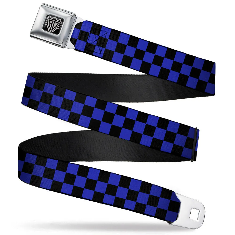 BD Wings Logo CLOSE-UP Full Color Black Silver Seatbelt Belt - Checker Black/Neon Blue Webbing