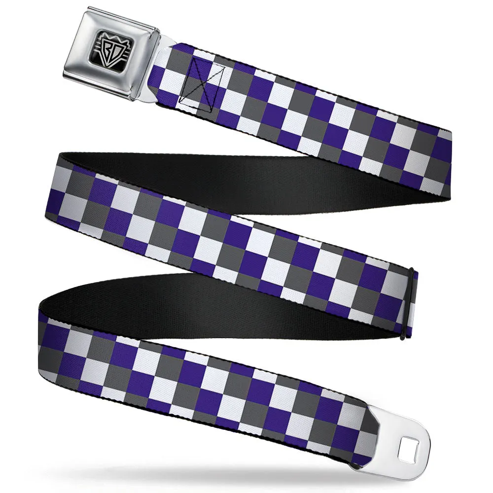 BD Wings Logo CLOSE-UP Full Color Black Silver Seatbelt Belt - Checker Gray/Purple/White Webbing