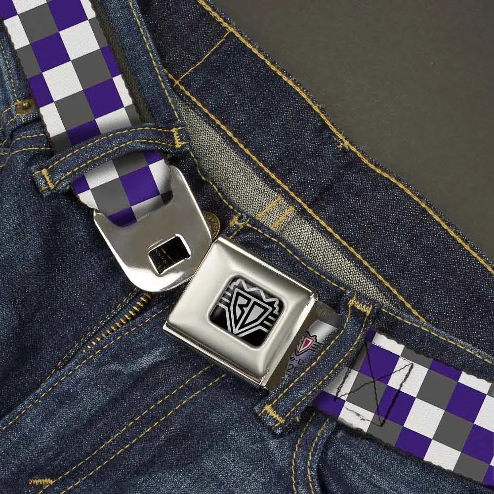 BD Wings Logo CLOSE-UP Full Color Black Silver Seatbelt Belt - Checker Gray/Purple/White Webbing