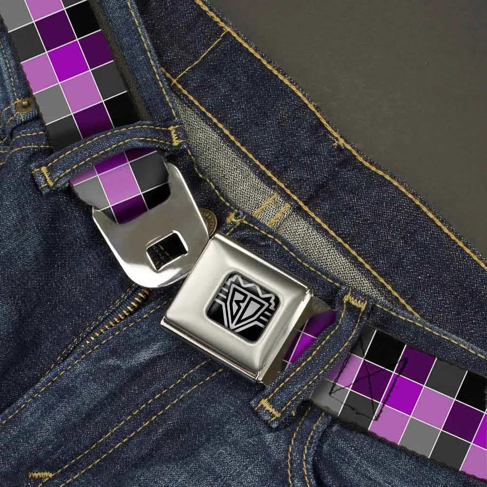 BD Wings Logo CLOSE-UP Full Color Black Silver Seatbelt Belt - Checker Mosaic Purple Webbing