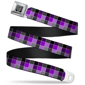 BD Wings Logo CLOSE-UP Full Color Black Silver Seatbelt Belt - Checker Mosaic Purple Webbing