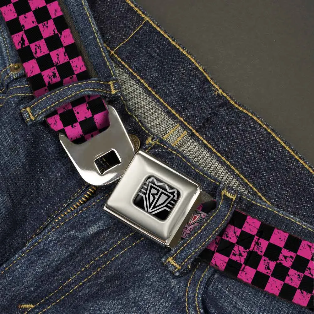 BD Wings Logo CLOSE-UP Full Color Black Silver Seatbelt Belt - Checker Weathered Black/Neon Pink Webbing