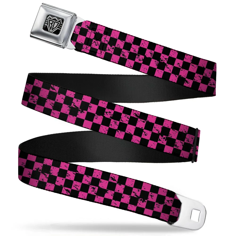 BD Wings Logo CLOSE-UP Full Color Black Silver Seatbelt Belt - Checker Weathered Black/Neon Pink Webbing