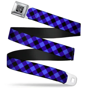 BD Wings Logo CLOSE-UP Full Color Black Silver Seatbelt Belt - Diagonal Buffalo Plaid Black/Blue Webbing