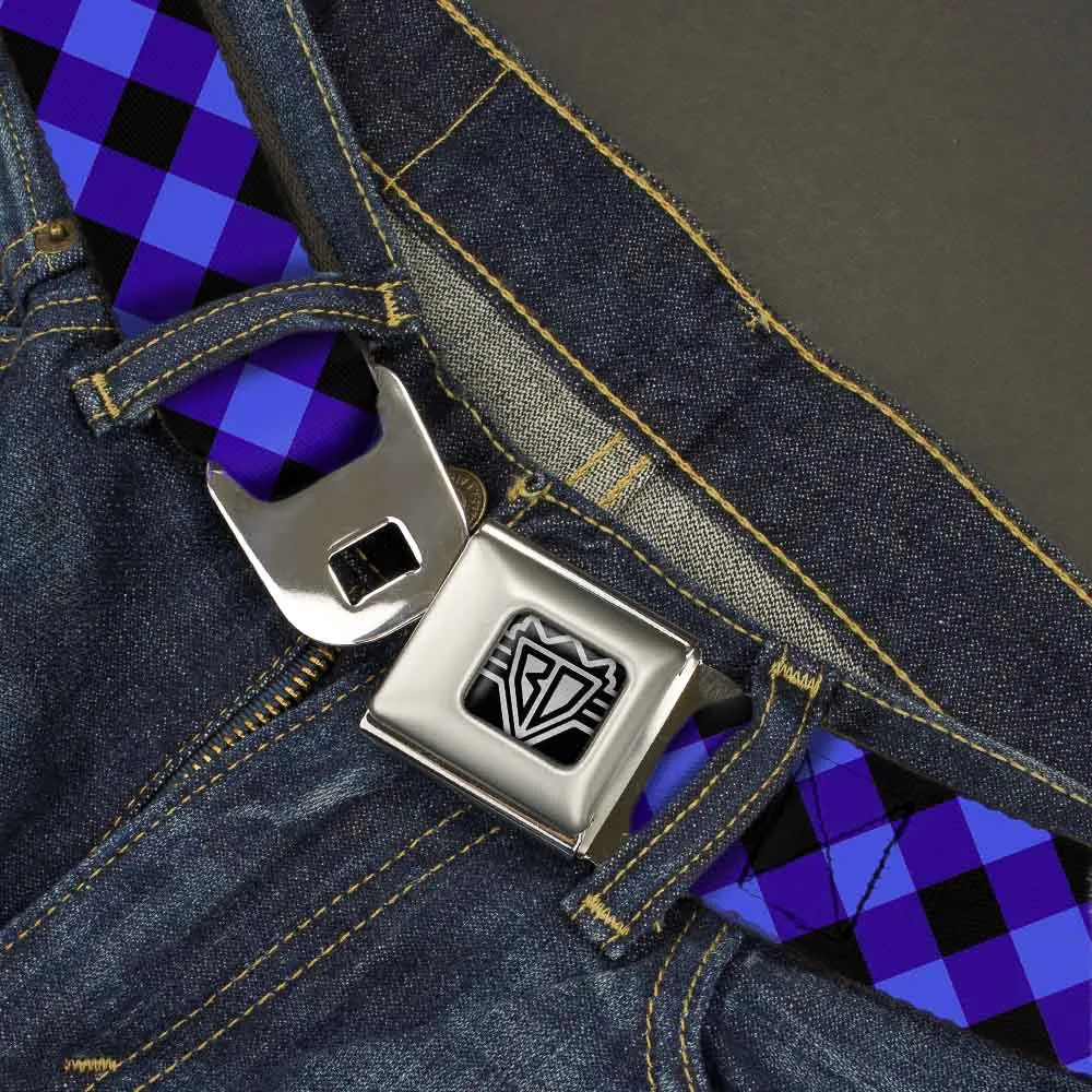 BD Wings Logo CLOSE-UP Full Color Black Silver Seatbelt Belt - Diagonal Buffalo Plaid Black/Blue Webbing