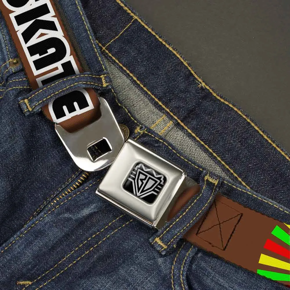 BD Wings Logo CLOSE-UP Full Color Black Silver Seatbelt Belt - EAT SLEEP SKATE Brown/Rasta Burst Webbing