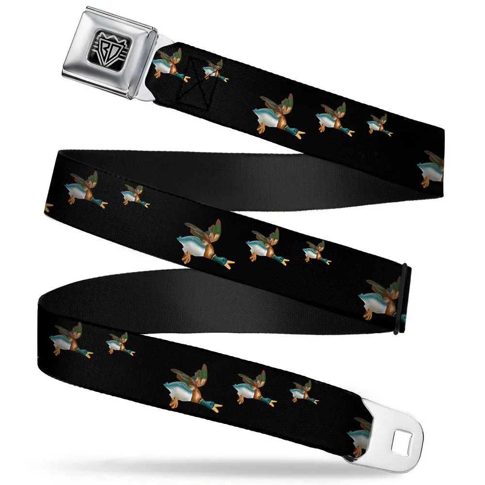 BD Wings Logo CLOSE-UP Full Color Black Silver Seatbelt Belt - Flying Mallards Black Webbing