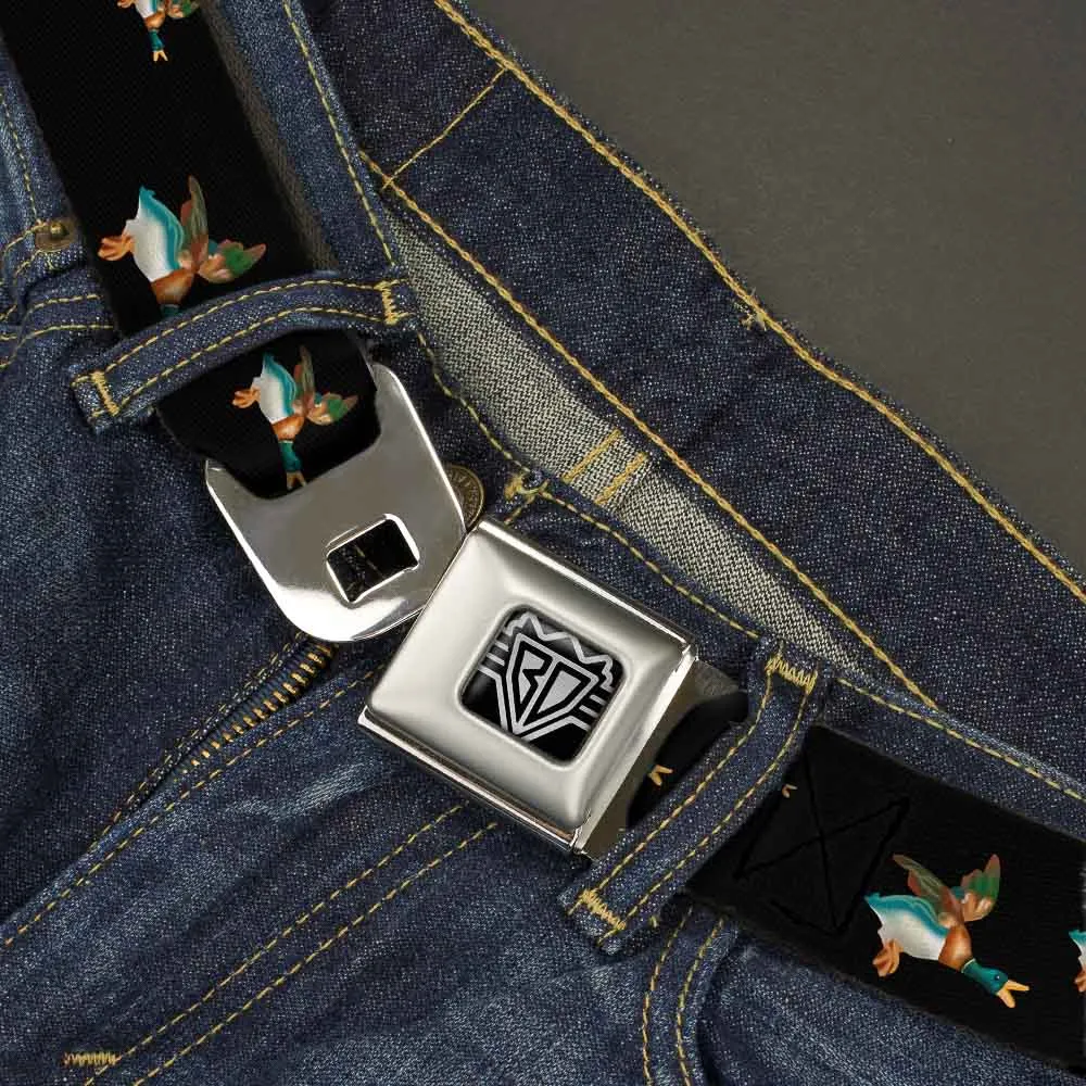 BD Wings Logo CLOSE-UP Full Color Black Silver Seatbelt Belt - Flying Mallards Black Webbing