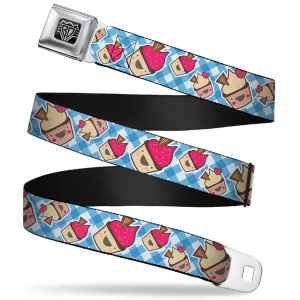 BD Wings Logo CLOSE-UP Full Color Black Silver Seatbelt Belt - Happy Cupcakes Buffalo Plaid White/Blue Webbing