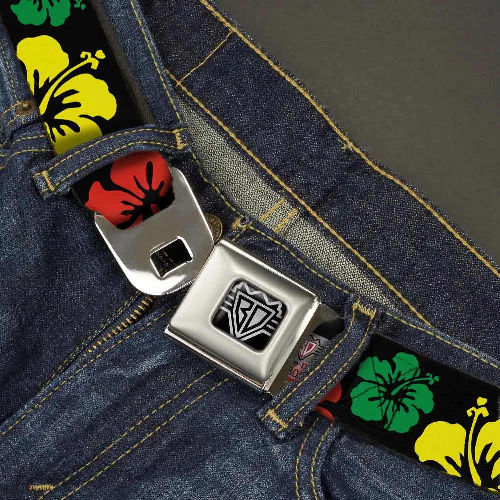 BD Wings Logo CLOSE-UP Full Color Black Silver Seatbelt Belt - Hibiscus CLOSE-UP Black/Green/Yellow/Red Webbing