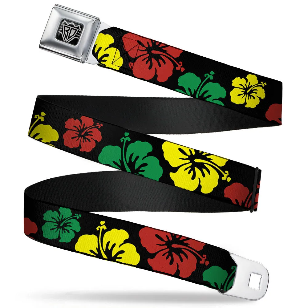 BD Wings Logo CLOSE-UP Full Color Black Silver Seatbelt Belt - Hibiscus CLOSE-UP Black/Green/Yellow/Red Webbing