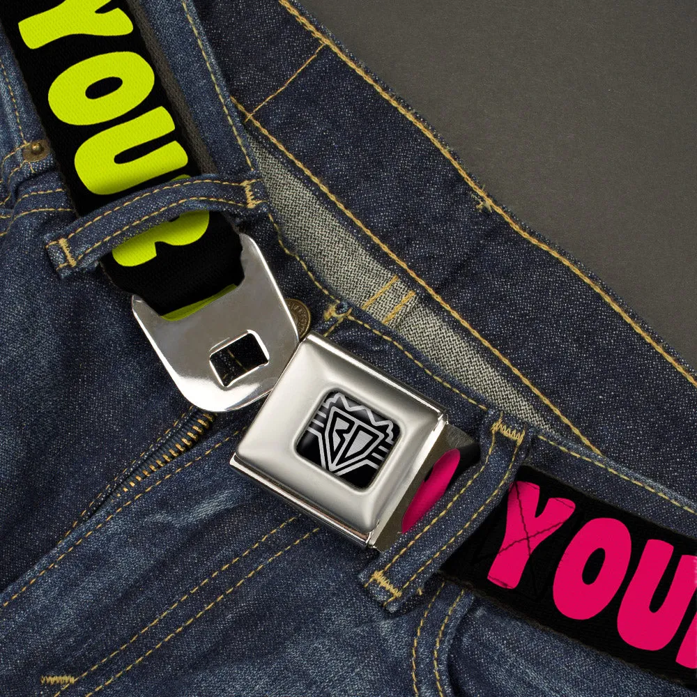 BD Wings Logo CLOSE-UP Full Color Black Silver Seatbelt Belt - IN YOUR DREAMS! Black/Pink/Green/Yellow Webbing