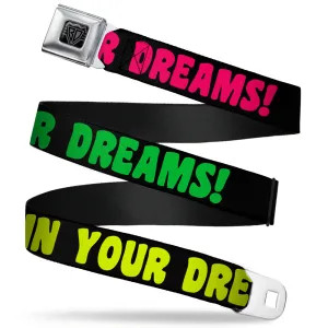 BD Wings Logo CLOSE-UP Full Color Black Silver Seatbelt Belt - IN YOUR DREAMS! Black/Pink/Green/Yellow Webbing