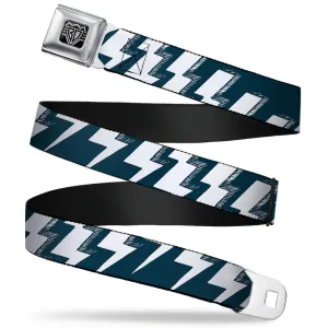 BD Wings Logo CLOSE-UP Full Color Black Silver Seatbelt Belt - Lightning Bolts Sketch Navy/White Webbing