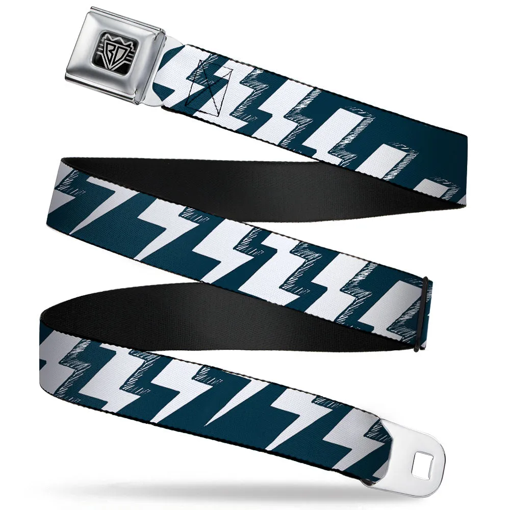 BD Wings Logo CLOSE-UP Full Color Black Silver Seatbelt Belt - Lightning Bolts Sketch Navy/White Webbing