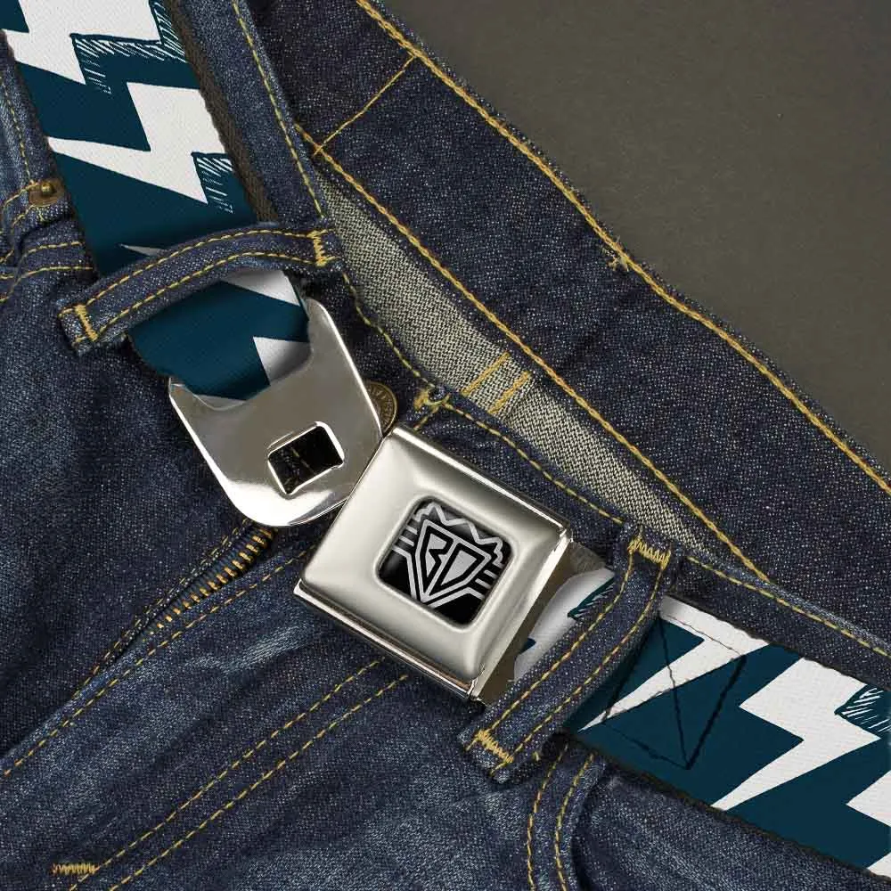 BD Wings Logo CLOSE-UP Full Color Black Silver Seatbelt Belt - Lightning Bolts Sketch Navy/White Webbing