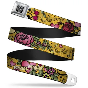 BD Wings Logo CLOSE-UP Full Color Black Silver Seatbelt Belt - Mom & Dad Yellow Webbing