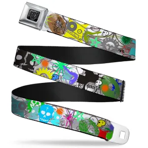 BD Wings Logo CLOSE-UP Full Color Black Silver Seatbelt Belt - Music Skulls Multi Color Webbing