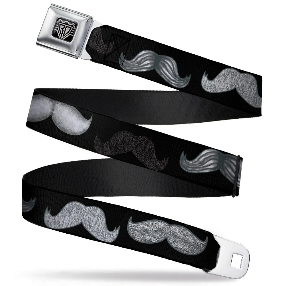 BD Wings Logo CLOSE-UP Full Color Black Silver Seatbelt Belt - Mustache Sketch Black/White Webbing