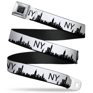 BD Wings Logo CLOSE-UP Full Color Black Silver Seatbelt Belt - New York City Solid Skyline/NY White/Black Webbing