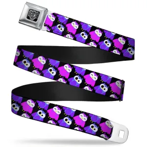 BD Wings Logo CLOSE-UP Full Color Black Silver Seatbelt Belt - Owl Eyes Black/Purples/Pinks Webbing