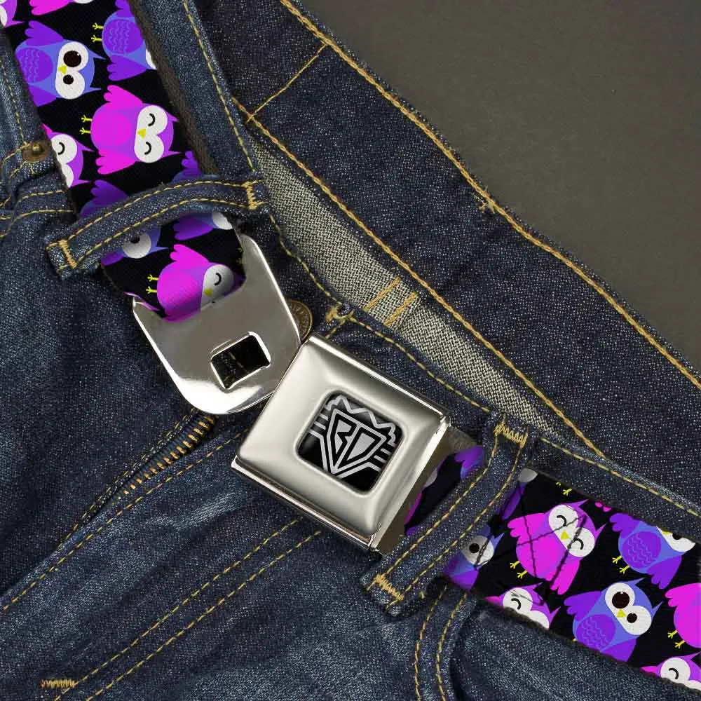 BD Wings Logo CLOSE-UP Full Color Black Silver Seatbelt Belt - Owl Eyes Black/Purples/Pinks Webbing