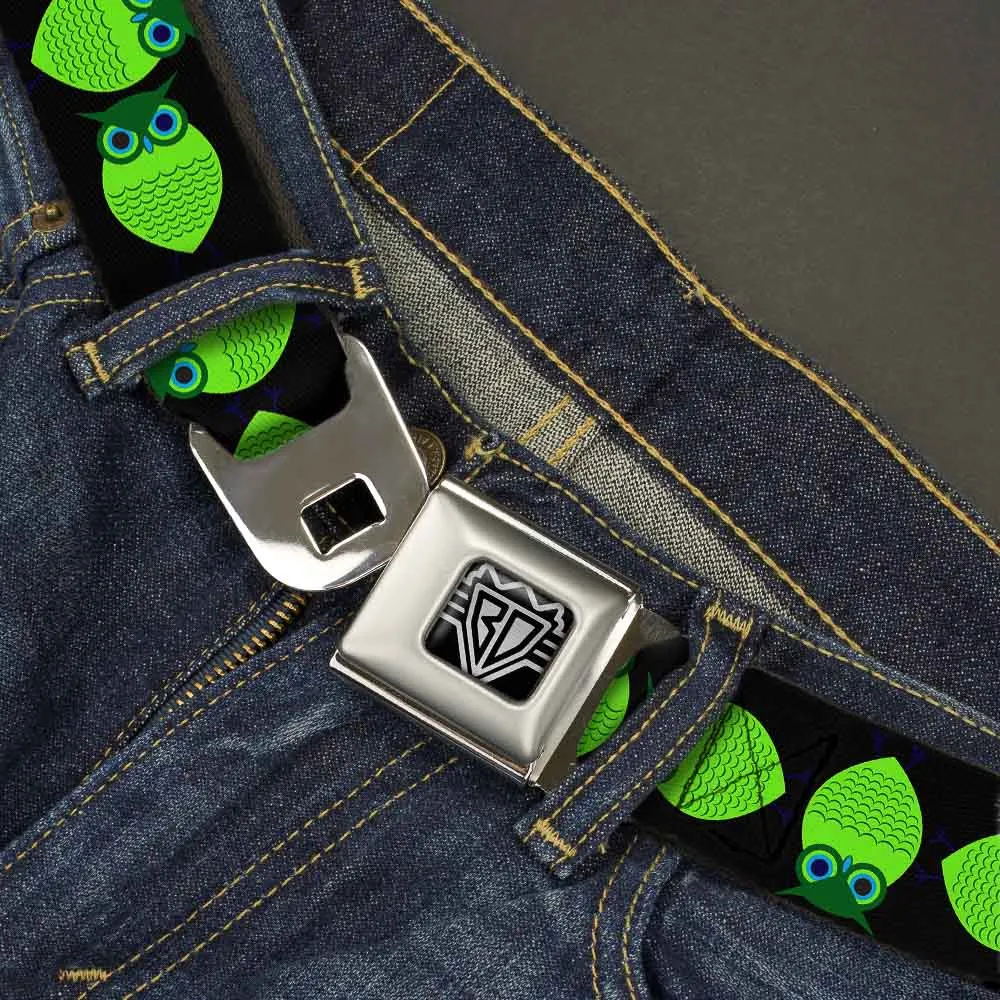 BD Wings Logo CLOSE-UP Full Color Black Silver Seatbelt Belt - Owls Spin Black/Green Webbing