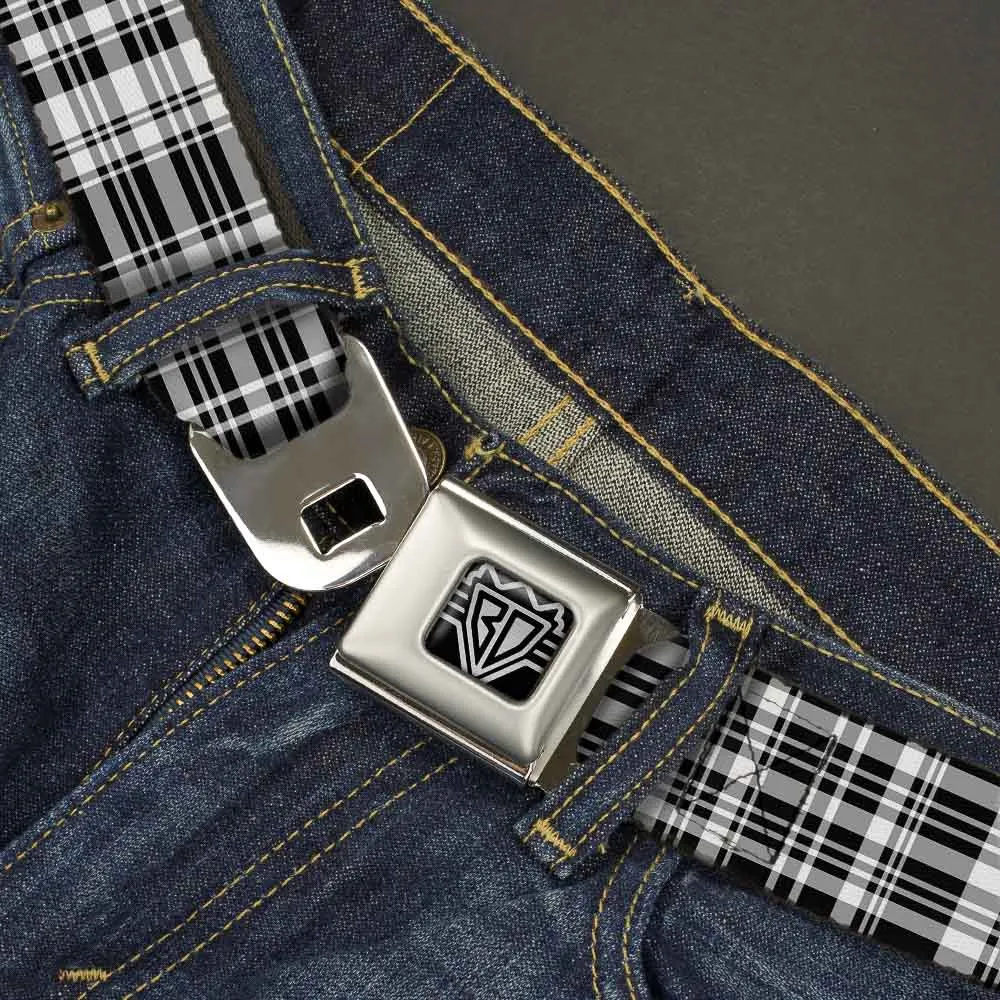 BD Wings Logo CLOSE-UP Full Color Black Silver Seatbelt Belt - Plaid Black/White Webbing