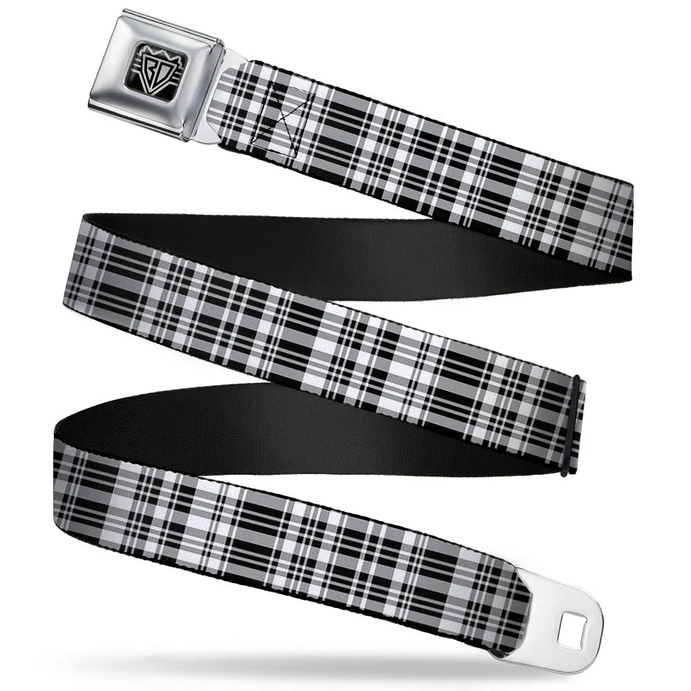 BD Wings Logo CLOSE-UP Full Color Black Silver Seatbelt Belt - Plaid Black/White Webbing