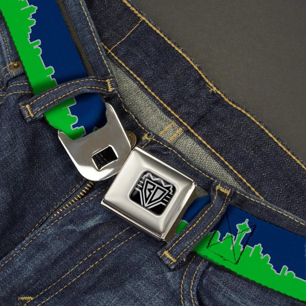 BD Wings Logo CLOSE-UP Full Color Black Silver Seatbelt Belt - Seattle Skyline Navy/Gray/Green Webbing