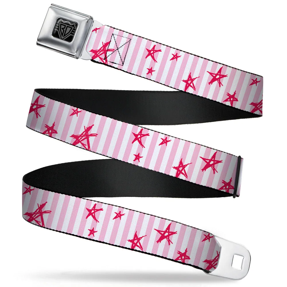 BD Wings Logo CLOSE-UP Full Color Black Silver Seatbelt Belt - Sketch Stars w/Stripes Pink/White/Fuchsia Webbing