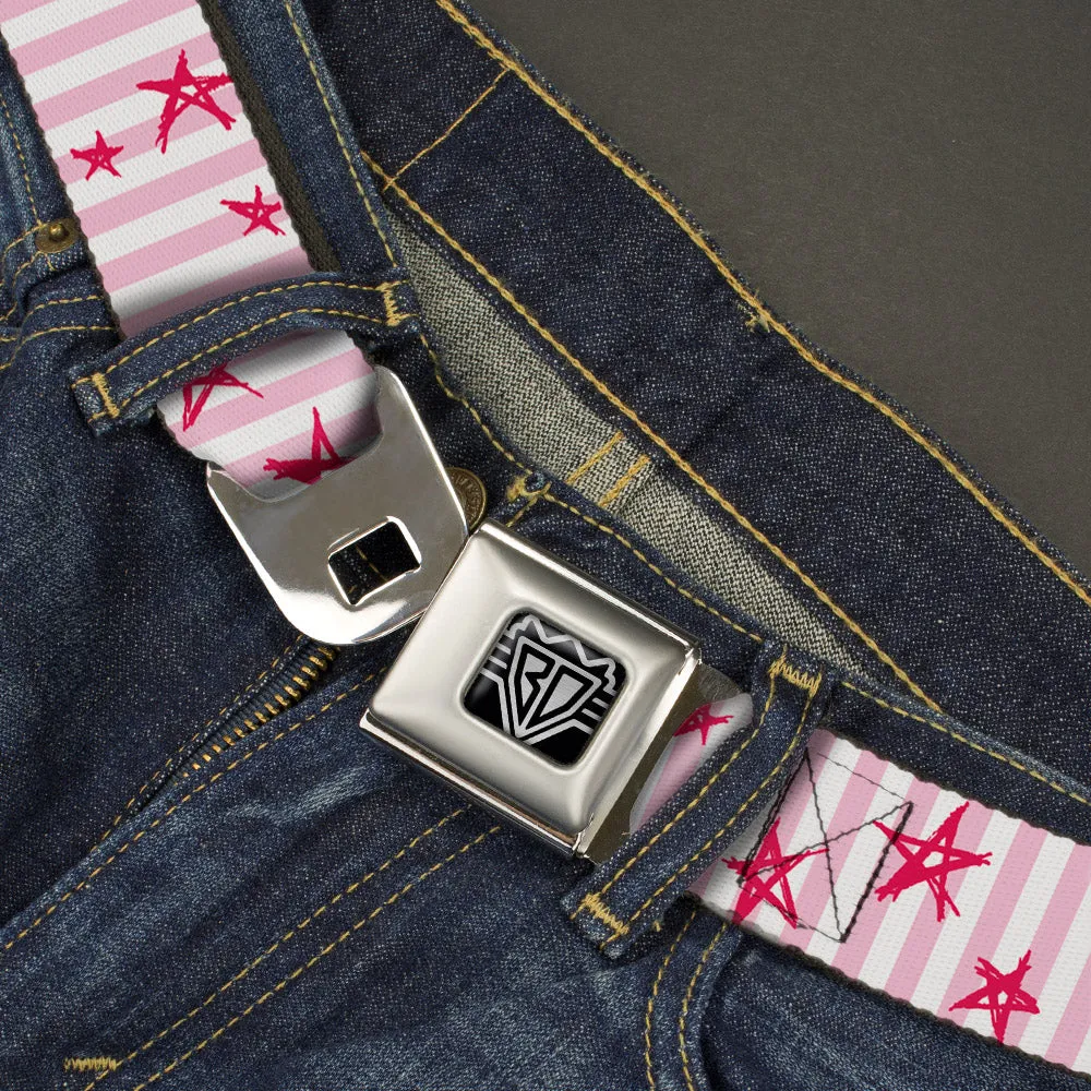 BD Wings Logo CLOSE-UP Full Color Black Silver Seatbelt Belt - Sketch Stars w/Stripes Pink/White/Fuchsia Webbing