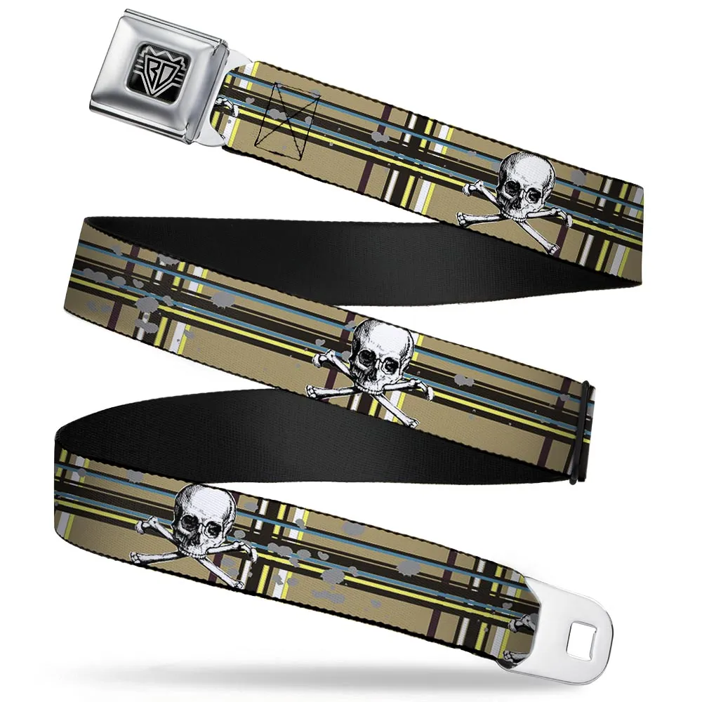 BD Wings Logo CLOSE-UP Full Color Black Silver Seatbelt Belt - Skull & Cross Bones Plaid Tan Webbing