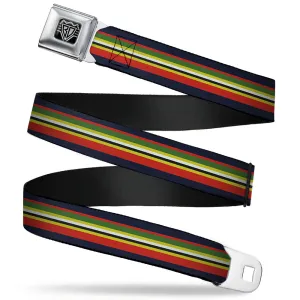 BD Wings Logo CLOSE-UP Full Color Black Silver Seatbelt Belt - Stripes Navy/Red/Yellow/Black/White/Green Webbing