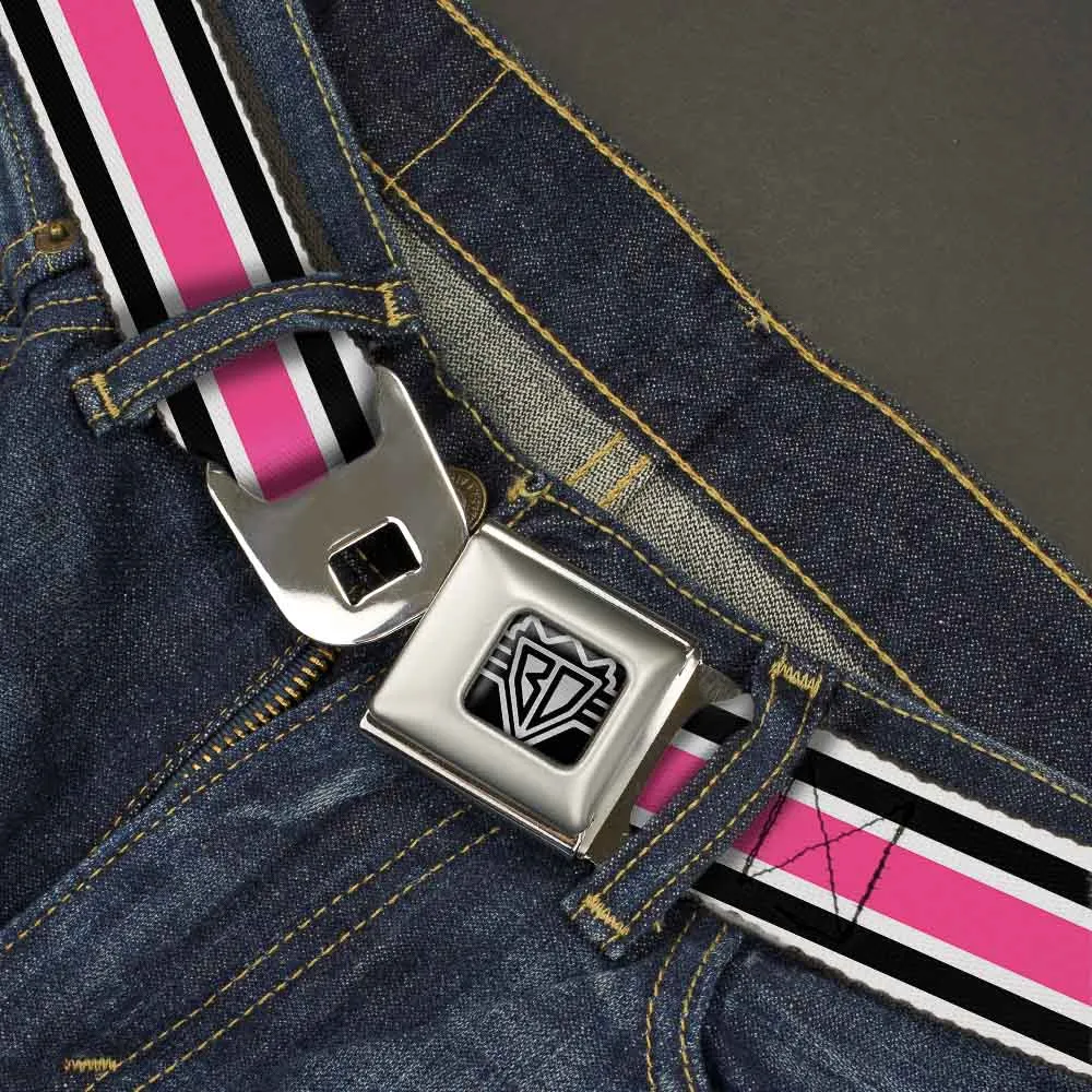 BD Wings Logo CLOSE-UP Full Color Black Silver Seatbelt Belt - Stripes White/Black/White/Pink Webbing