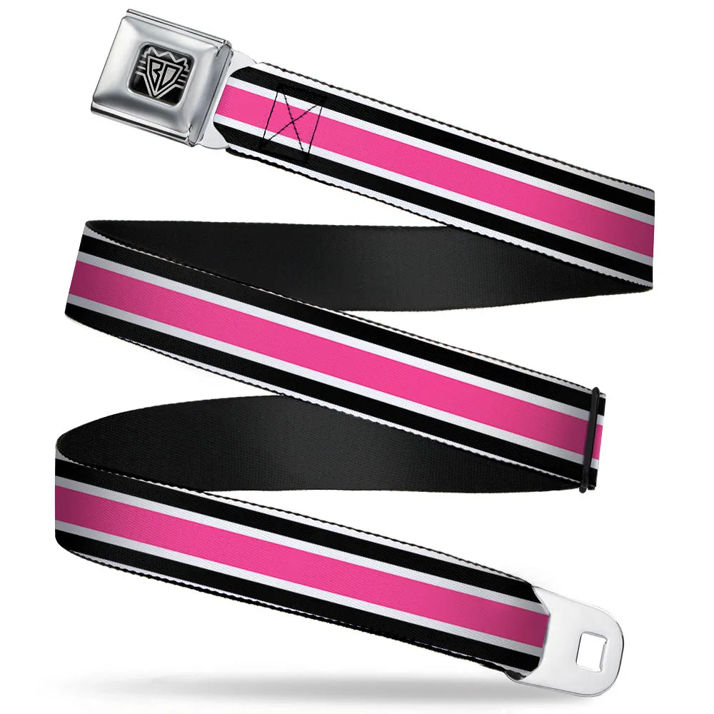 BD Wings Logo CLOSE-UP Full Color Black Silver Seatbelt Belt - Stripes White/Black/White/Pink Webbing