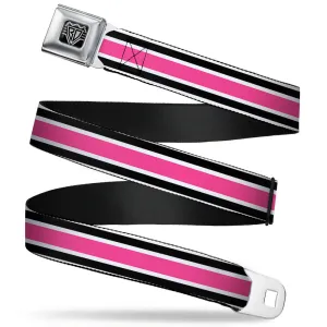 BD Wings Logo CLOSE-UP Full Color Black Silver Seatbelt Belt - Stripes White/Black/White/Pink Webbing